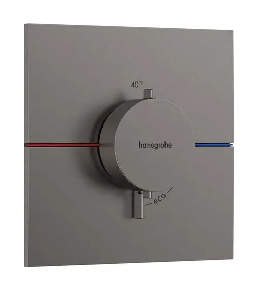 Thermostat von Hansgrohe mit Drehknopf zur Temperatureinstellung, umgeben von einer modernen, flachen Oberfläche in gebürstetem Schwarzchrom.